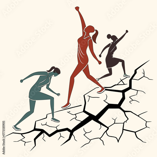 Three determined women in athletic wear ascend a fractured and cracked surface symbolizing challenges