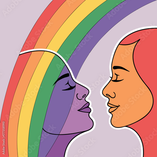 Two women in profile face each other with a rainbow arching behind one of them