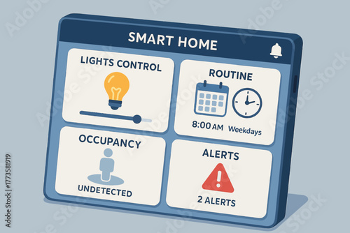 Smart home control panel displaying lights, routine, occupancy, and alerts
