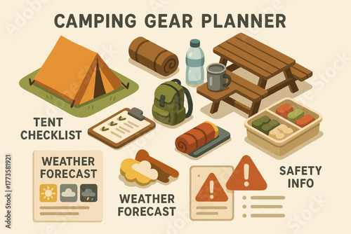 Camping gear essentials planner with tent, safety tips, weather forecast, and checklist