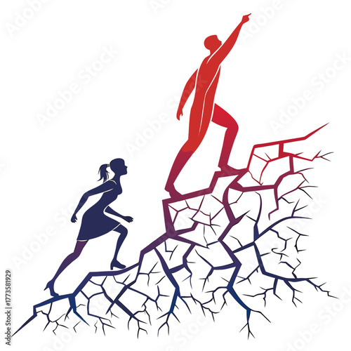 Man and woman climbing cracked mountain towards success and opportunity symbolizing determination