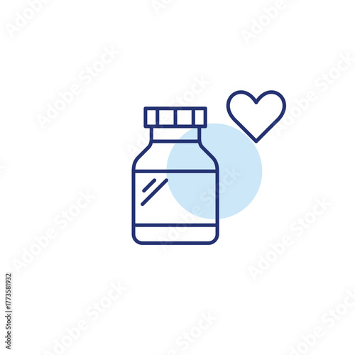 Bottle of pills and heart. Healing with care, medical support. Cardiology healthcare. Medication and pharmacy. Pixel perfect, editable stroke vector icon