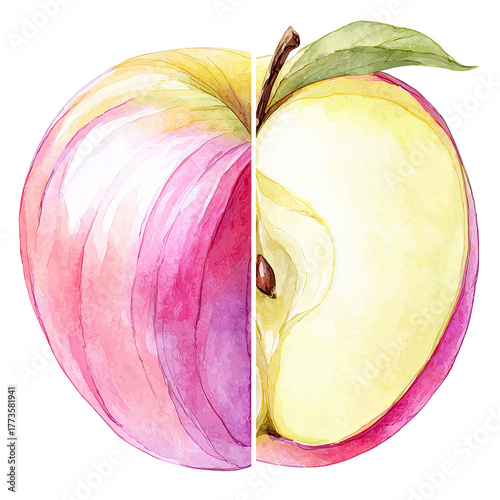 Split watercolor apple, showing pink exterior and yellow interior