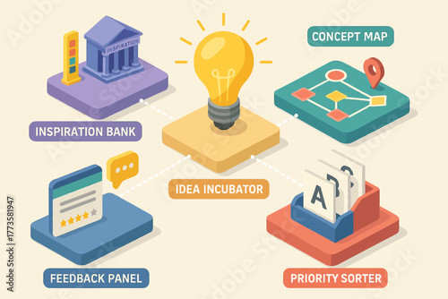 Creative process diagram featuring idea incubator and concept map with inspiration bank and feedback panel