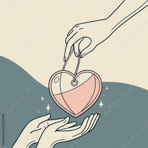 Gentle hand offers a pink heart shaped locket filled with liquid to open hands below