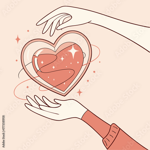 Two gentle hands carefully hold and protect a glowing magical heart filled with love and light