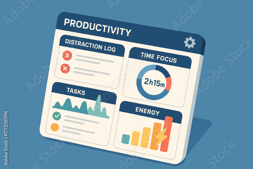 Productivity dashboard with focus and energy tracking in minimalistic design