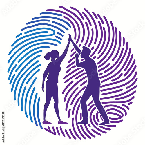 Diverse team members celebrating success with a high five inside a vibrant fingerprint graphic