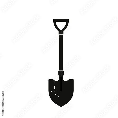 Isolated shovel against pure white backdrop. Isolated shovel for digging shows handle and blade, complete with soil stains, representing fieldwork. Depicting an isolated shovel,