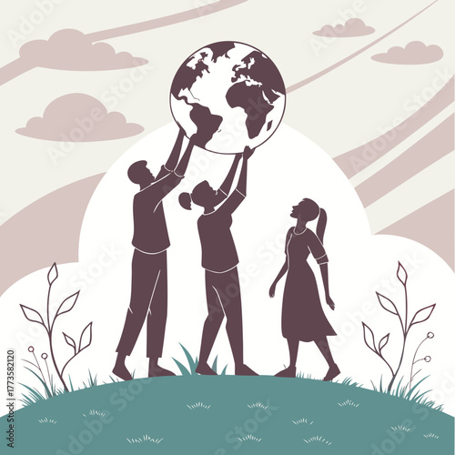 Diverse group of people holding the planet earth together symbolizing unity and global responsibility for environmental protection