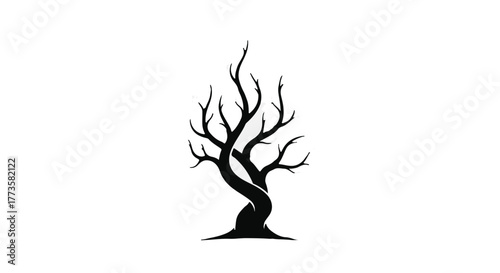 Twisted bare tree silhouette against a stark white background, symbolizing resilience and nature's abstract beauty.
