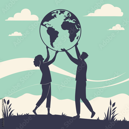 Two silhouetted people holding up the earth globe together symbolizing global unity and responsibility