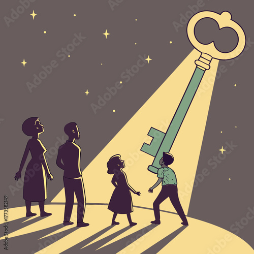 Family gazing up at giant golden key illuminated by spotlight against starry night sky