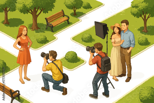 Park photoshoot with female model and couple in a scenic green setting