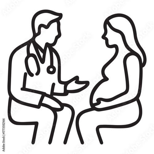 Doctor consulting pregnant woman outline vector illustration