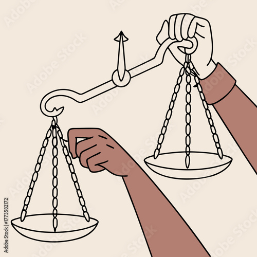Two hands holding a balance scale symbolizing justice fairness and equality in legal or ethical decisions