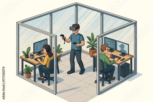 Diverse team in modern office with vr tech and computers