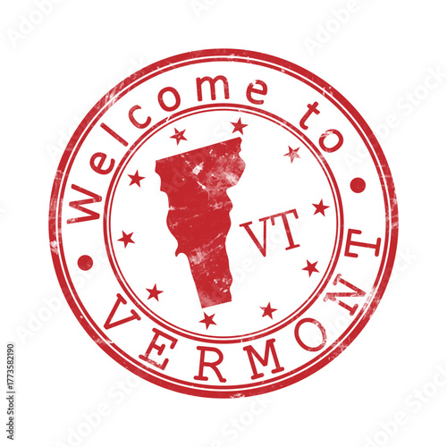 Welcome to Vermont. A worn stamp with a silhouette of the state and an abbreviated designation. Print impression, a template for creative design