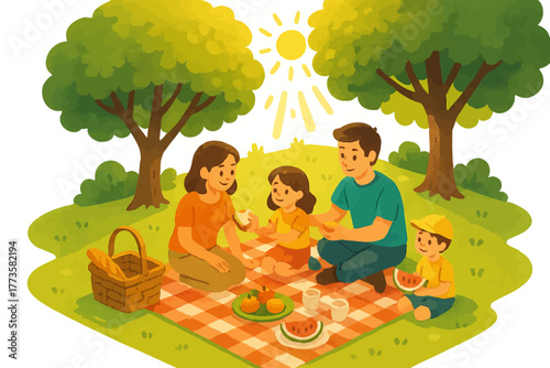 Happy family picnic in sunny park with parents and children enjoying outdoor meal