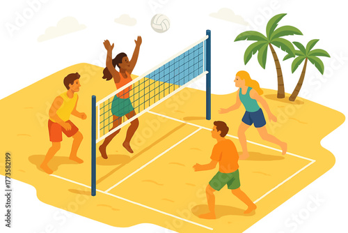 Mixed gender beach volleyball game with diverse players on sandy beach