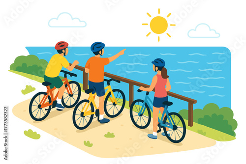 Group cycling with scenic ocean view: caucasian young adults enjoying a sunny day