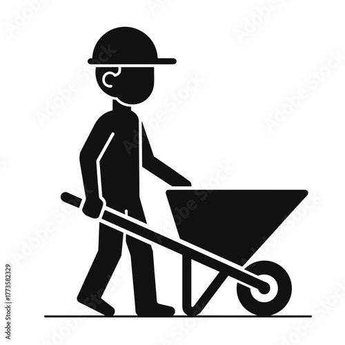 Construction worker carrying wheelbarrow in simple black glyph, construction worker in workwear. Construction worker is pushing barrow and wearing helmet.