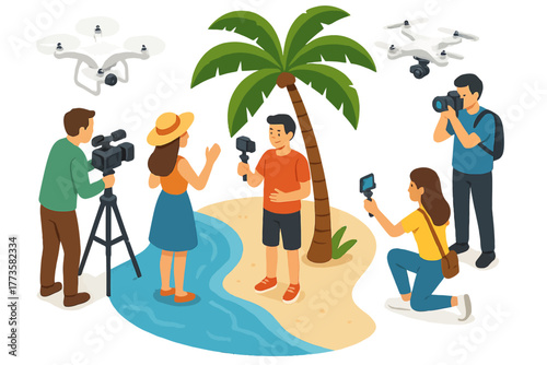 Young caucasian male interviewed on tropical beach with cameras and drones surrounding