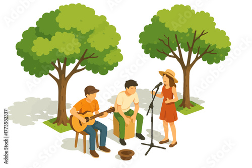 Street music performance with young caucasian musicians in park setting