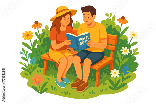 Young caucasian couple reading travel guide on park bench surrounded by flowers