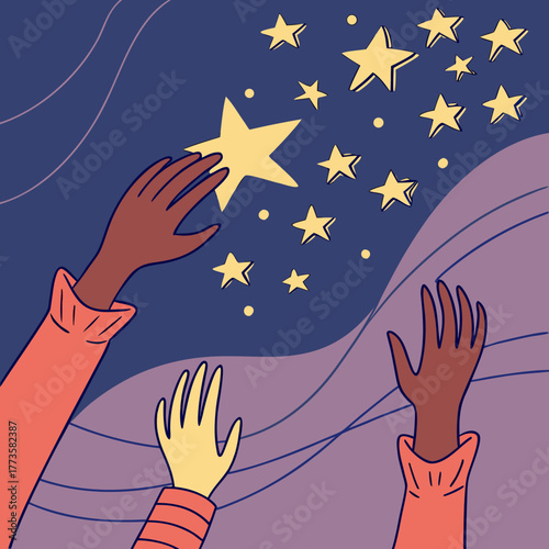 Diverse hands reaching up towards a starry night sky filled with dreams and aspirations