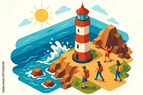 Cartoon lighthouse on rocky coast with young adult explorers