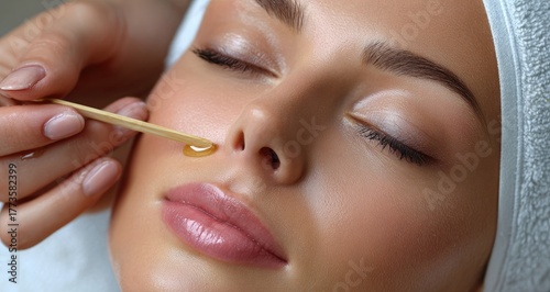 woman having a waxing facial treatment in a beauty salon, close-up of the face with cosmetic oil dripping on the cheek and lip area