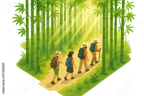 Group of hikers walking through lush bamboo forest path in sunlight