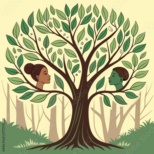 Diverse faces emerge from a stylized tree representing humanity and nature connection