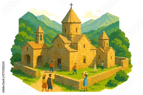 Stone church in mountainous landscape with people walking nearby