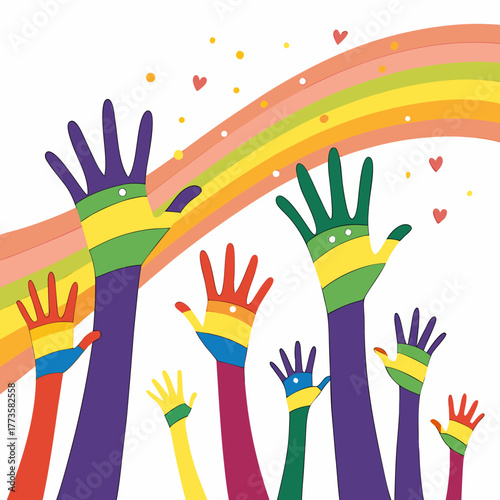 Diverse hands raised in celebration with rainbow colors and hearts against a white background