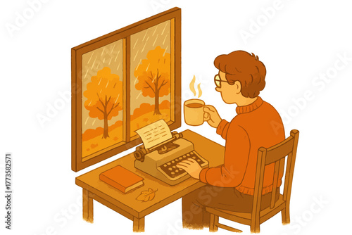 Young caucasian male writing on typewriter by window with autumn scenery