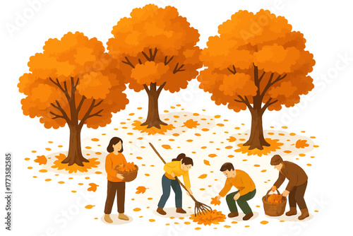 Diverse group enjoying autumn by raking leaves under vibrant orange trees