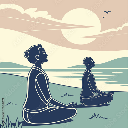 Two people meditating peacefully outdoors by a serene lake at sunrise with birds flying