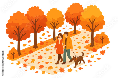 Young asian couple walking dog in vibrant autumn park illustration