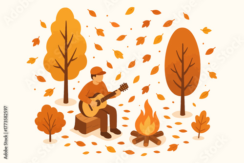 Young caucasian male playing guitar by campfire surrounded by autumn trees and falling leaves