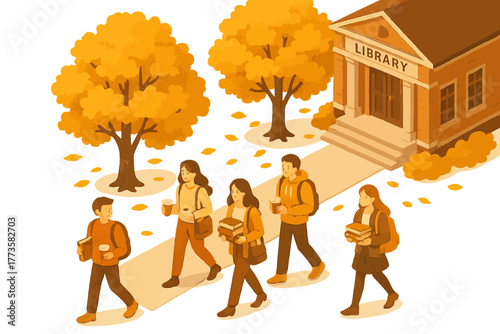 Diverse students walking to library in autumn scenery