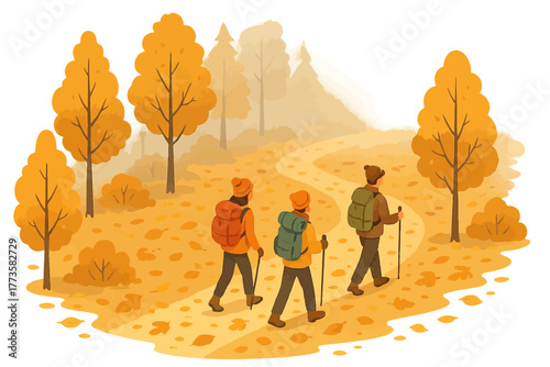 Young adults hiking through autumn forest with orange foliage on misty path
