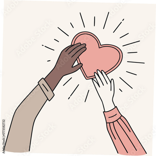Diverse hands reaching together to hold a glowing pink heart symbol of unity and love