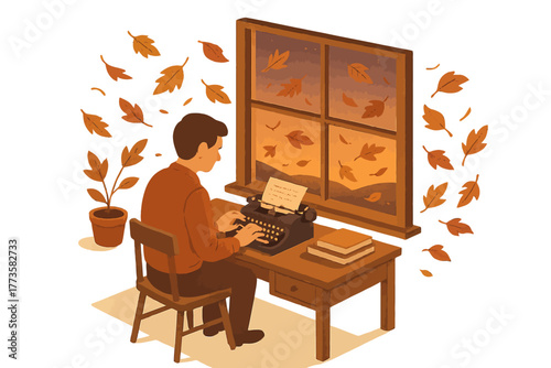 Cozy autumn writing: young caucasian male at typewriter near fall window