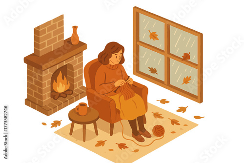 Cozy autumn: hispanic female knitting by fireplace in warm living room
