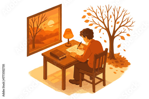 Young caucasian male writing at desk in autumn-themed room with window view