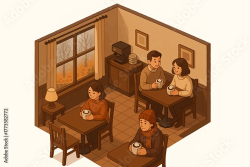 Cozy autumn cafe scene with diverse adults enjoying hot beverages