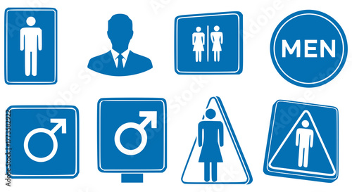 Blue and white symbols related to male gender and restrooms.