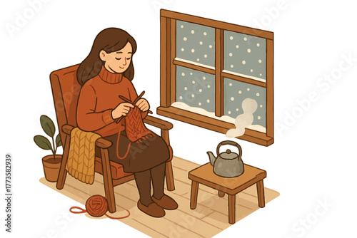 Cozy winter scene: caucasian female knitting by snowy window with hot tea